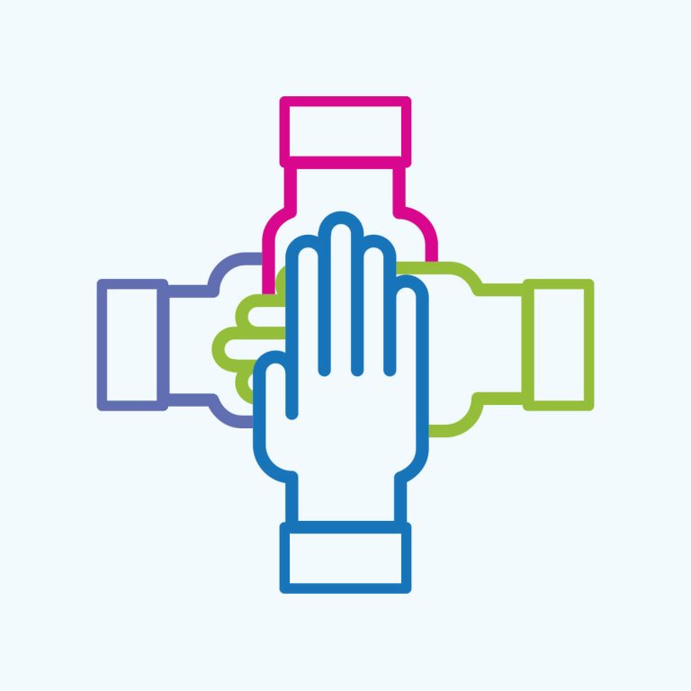 An illustration of four interlocked hands